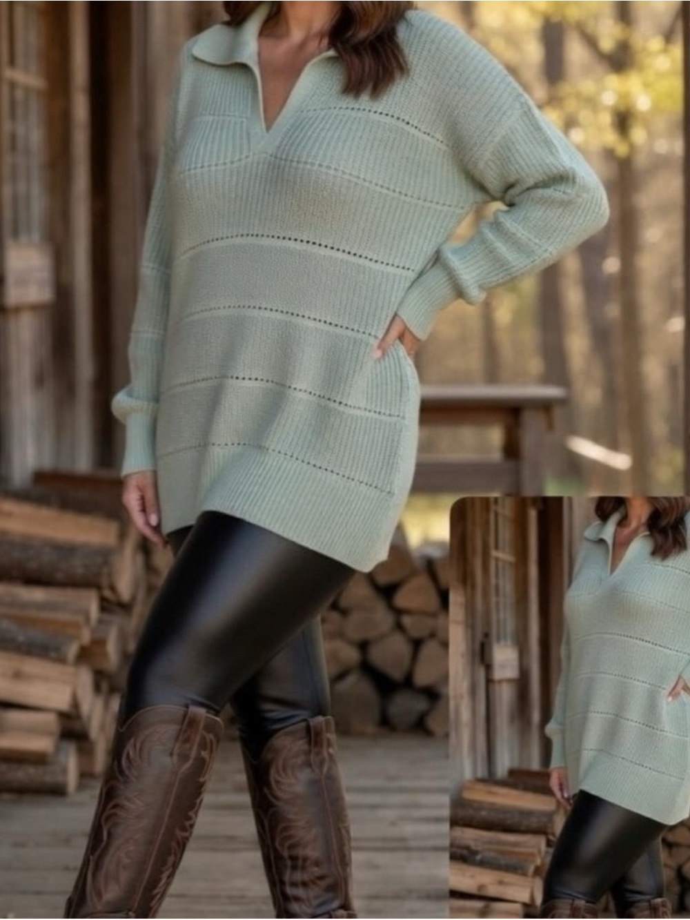 Ava & Viv Mint Green Open Knit Collared Sweater 2X Oversized Comfy